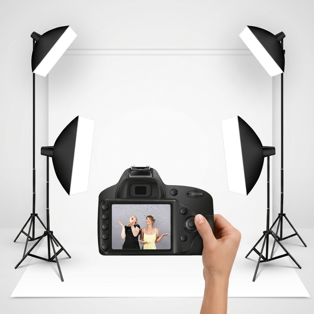 Mobiles Fotostudio mit Kamera, Softboxen und Abiball-Fotos auf dem Display